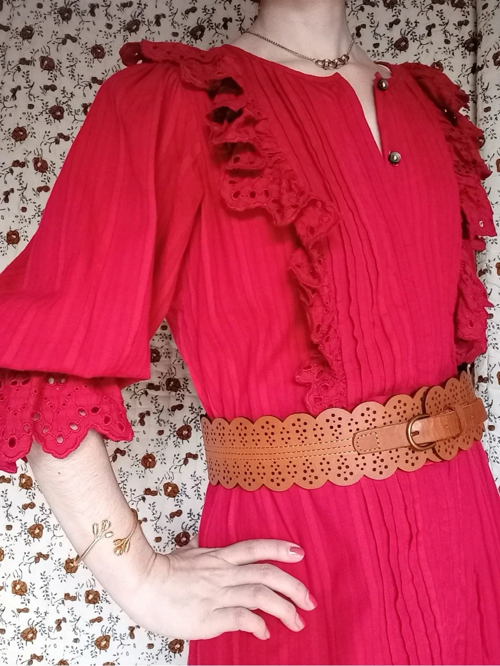 Anthro ❉ Scalloped Faux Leather Wide Brown Belt Size S/M
